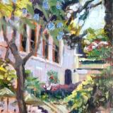 Playing Cards on the Patio at Meson De Sancho Hotel, near Tarifa, Spain, oils, 7x5 ins, framed.