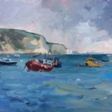 Old Harry Rocks, painted from Swanage.  10x8 ins, oils on panel.