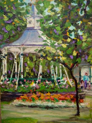 Bandstand and flowers, Swindon Old Town Gardens, 7x5 ins, Oils
