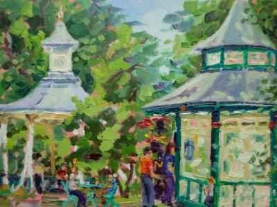 The Cafe & Bandstand, Swindon Old Town Gardens, 7x5 ins, Oils.