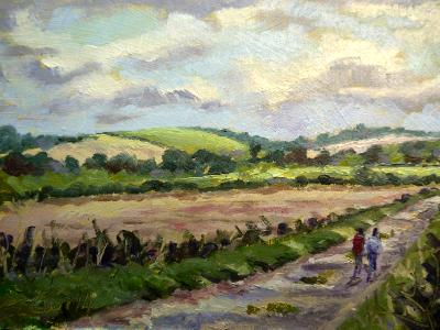 Fields behind Avebury, 7x5 ins, oils