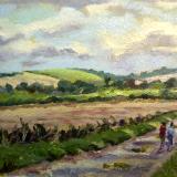 Fields behind Avebury, 7x5 ins, oils