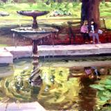 The fountain, Swindon Old Town Gardens, 7x5 ins, oils.