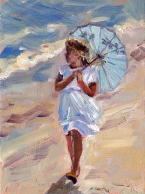 The Blue Parasol, oils, 7x5 ins