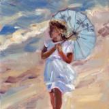 The Blue Parasol, oils, 7x5 ins