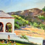 Enjoying the Sun at Jimena pool, Spain, Oils, 7x5 ins, framed, free shipping.