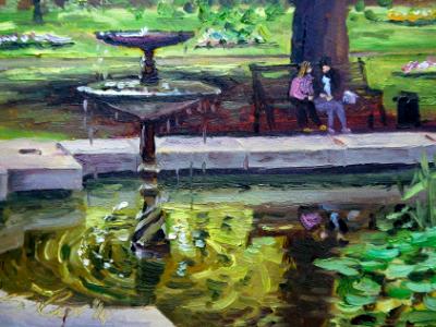 The Fountain, Swindon Old Town Gardens, 7x5 ins, Oils