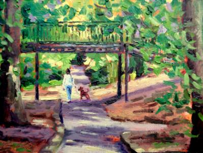 The Iron Bridge, Swindon Old Town Gardens, 7x5 ins, Oils