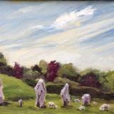 Avebury, Wiltshire, oils, 7x5ins, framed.