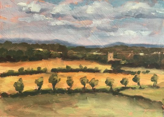 SW16 Kempsford Church from Hannington, 7x5 ins, oils on board A painting of Kempsford Church from Hannington, Wiltshire, looking across fields and trees.