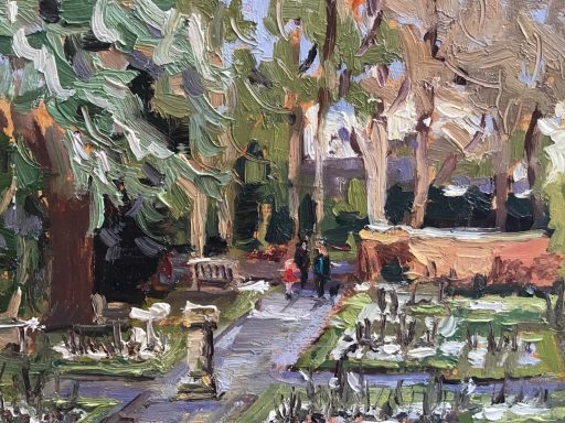 SW06 The Last Snow, Swindon Old Town Gardens, 7x6 ins, oils on MDF panel. This was painted of the last snow in the Rose Garden at Swindon Old Town Gardens.
