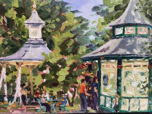 SW10 The Bandstand & Cafe, Swindon Old Town Gardens, 7x5 ins, oils on MDF panel. The bandstand and cafe with people waiting to be served, at Swindon Old Town Gardens.