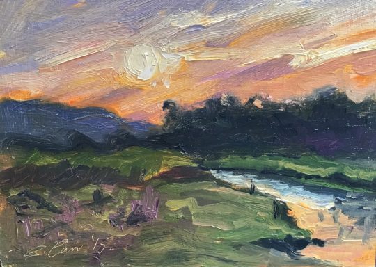 SW08 The Canal, Wichelstowe at Sunset. 7x5 ins, This is a painting at sunset of the Canal at Wichelstowe, before all the flats were built.