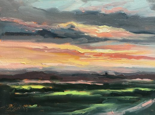 SW18 Sunset over Cricklade Church from Blunsdon Hill, 10x8 ins, oils on MDF panel A sunset across the fields from Blunsdon to Cricklade Church and beyond.