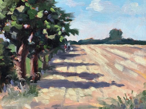 SW13 The Cornfield, near Uffcott, Wiltshire, 10x8 ins, oils on MDF panel A painting of a cornfield with a row of trees casting purple shadows on the corn, on a fine day near Uffcott, Wiltshire