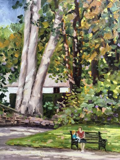 SW12 The Beach Trees (No 2.) Swindon Old Town Gardens, 8x10 ins, oils on MDF panel A painting of the beach trees in Swindon Old Town Garden, and a lady in a red top sitting on a bench beneath them. Dappled light from trees