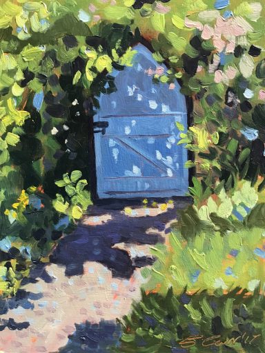 SW23 The Blue Door, Richard Jefferies Museum Swindon, 6x8 ins, oils on MDF panel. A lovely blue door with a gravel path leading up to it, from the garden of the Richard Jefferies Museum, Swindon.