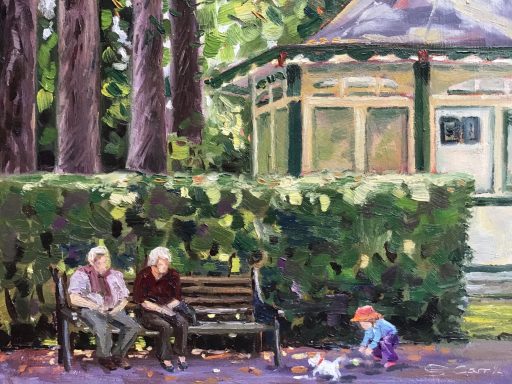 SW11 The little white dog, Swindon Old Town Gardens, 10x8 ins, oil on MDF panel An older couple sit on a bench by the Cafe watching a child playing with a white dog, in Swindon Old Town Gardens.