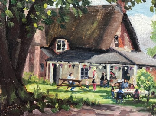 SW19 Richard Jefferies Museum, 6x8 ins, oils on MDF panel. The thatched cottage, part of the writer and poet, Richard Jefferies's former home, now a museum.