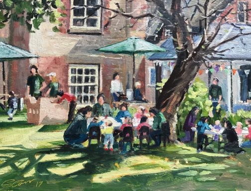 SW21 Enjoying the Garden, Richard Jefferies House and Museum, Swindon, 10x8 ins, oils on MDF Panel People enjoying the garden at Richard Jefferies house and museum in Swindon.