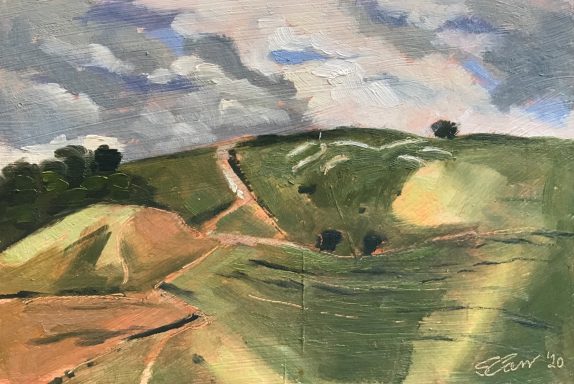 SW15 Uffington White Horse, oils on MDF panel Uffington White Horse Iron Age Hill Fort, soft cloudy light.