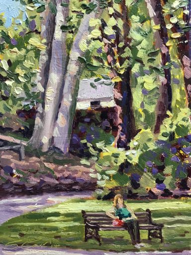 SW07 The Beach Trees No.1, Swindon Old Town Gardens, 8x6 ins, oil on MDF panel A lady sat on a bench beneath the majestic beech trees in Swindon Old Town Gardens.