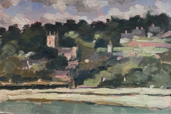 SW14 Coleshill, 6x4 ins, oils on MDF panel. A view of All Saints Church, Coleshill, on the boundary between Wiltshire and Oxfordshire.