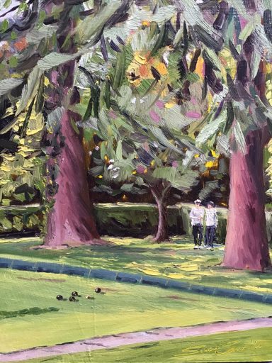 SW09 The Bowling Green, Swindon Old Town Gardens, 10x8 ins, oil on MDF panel The bowling green at Swindon Old Town Gardens, with two lovely red wood trees and two bowlers.