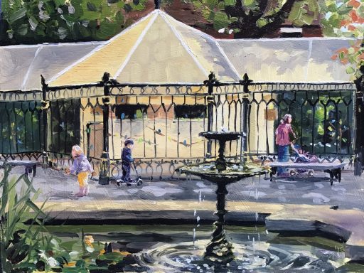 SW04 The Aviary, Swindon Old Town Gardens, 8x10 ins, oils on MDF panel A painting of the Aviary at Swindon Old Town Gardens, with children looking at the birds.