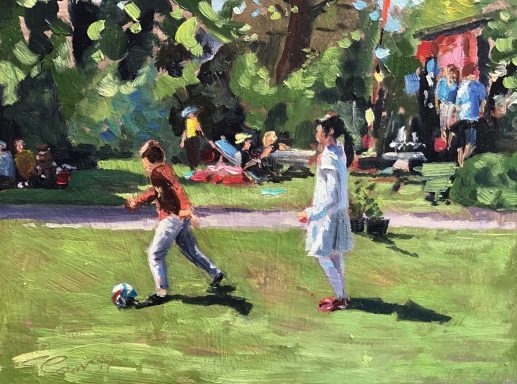 SW20 Children playing, 2017 Swindon Literature Festival, Lower Shaw Farm, 6x8 ins, oils on MDF panel. Children playing ball in the garden at Lower Shaw Farm during the 2017 Swindon Literature Festival.