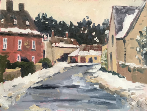 SW02 A snowy day in Castle Eaton, 8x6 ins oils on MDF panel. I painted this picture of the high street in the little village of Castle Eaton, Wiltshire, from the car on a very cold and snowy day.
