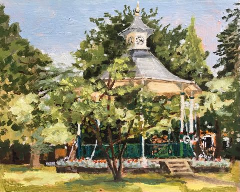 SW01 The Bandstand, Swindon Old Town Gardens, 8x10 ins, oils on MDF panel. A painting of the Bandstand in Swindon Old Town Gardens, on a sunny spring day.