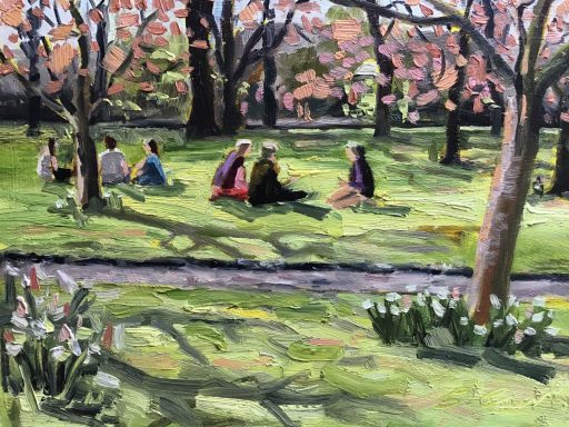SW03 The Picnic, Swindon Old Town Gardens, 10x8 ins, oils on MDF panel I was painting in Swindon Old Town Gardens and spotted these two groups of friends sharing a picnic, and the shadows of the trees.